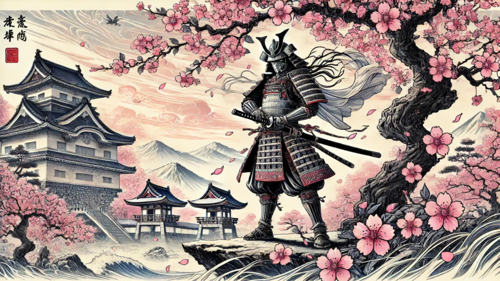 Elementos da cultura japonesa, como templos e flores de cerejeira, misturados com personagens de anime e mangá.